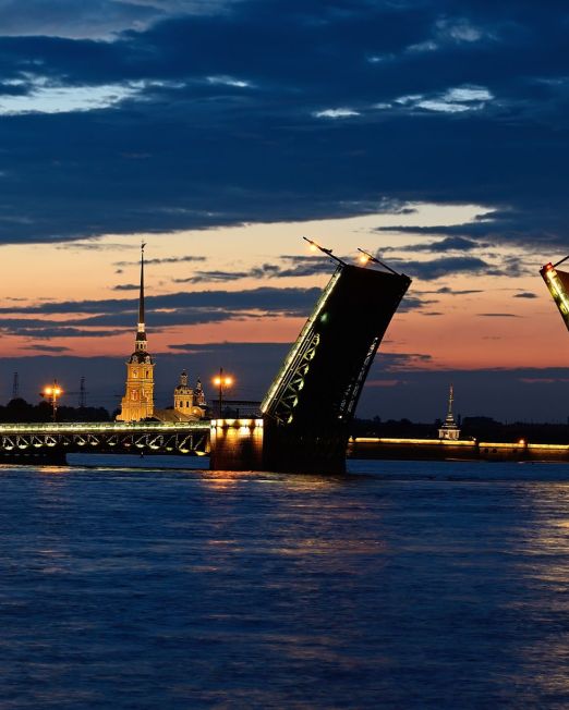 Panorama of the River Neva and the Palace Bridge in St. Petersburg, Russia in a white night
